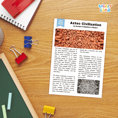 Lined reading comprehension question worksheet covering main ideas vocabulary terms and ancient Aztec civilization facts