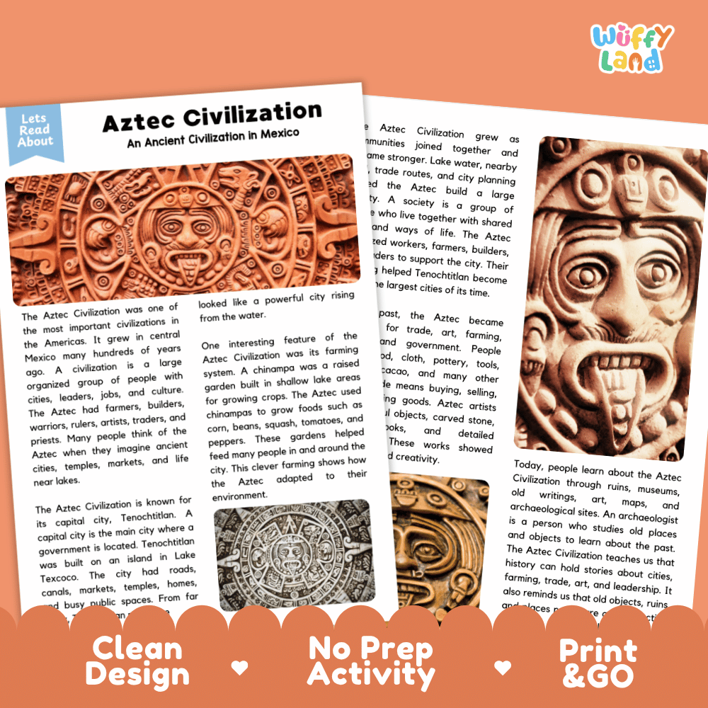 Reference sheet and answer key for Aztec Civilization reading passage displaying completed comprehension answers and ancient Mesoamerican history facts