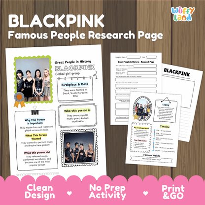 BLACKPINK biography research worksheets pack featuring graphic organizers, timeline activity, and student writing template