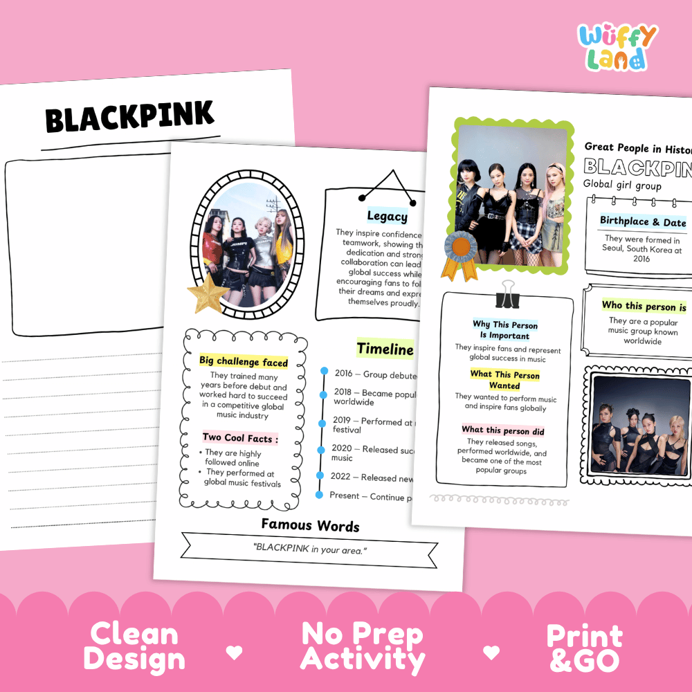 Great People in History student fact profile card detailing BLACKPINK's formation in Seoul, music career, and global achievements
