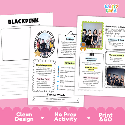 Great People in History student fact profile card detailing BLACKPINK's formation in Seoul, music career, and global achievements
