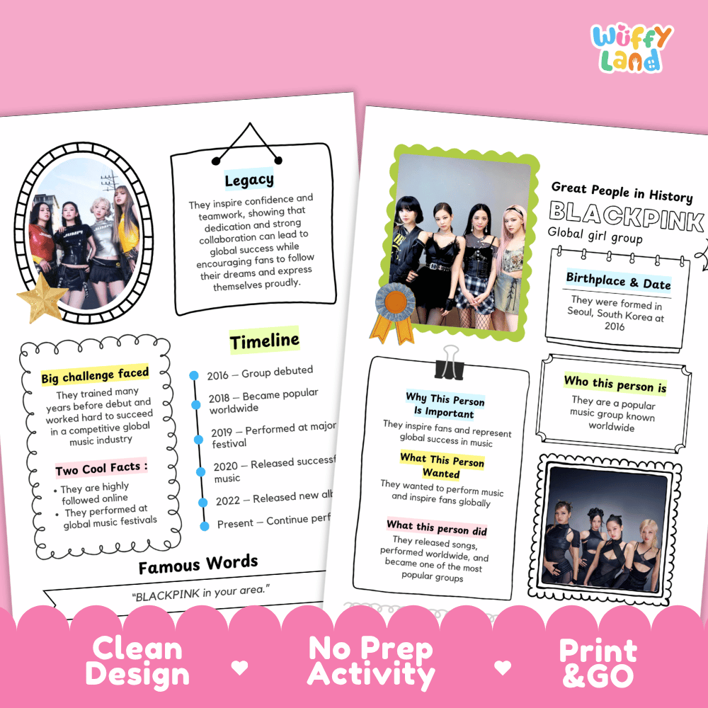 Educational biography summary worksheet featuring a chronological timeline, famous quote, and lined student writing page
