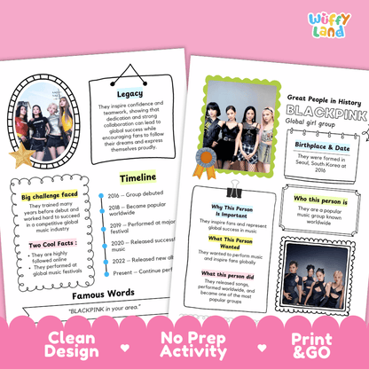 Educational biography summary worksheet featuring a chronological timeline, famous quote, and lined student writing page