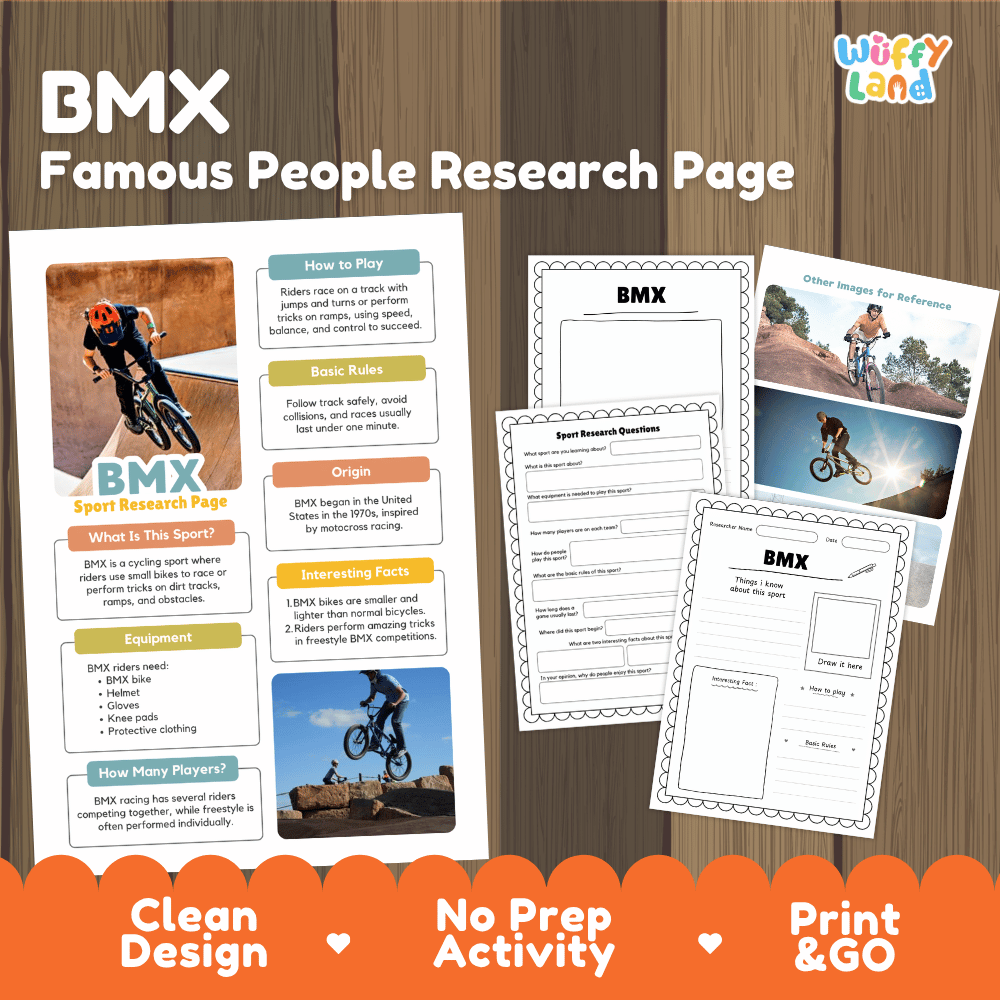 Printable BMX famous people research page activity sheet set by Wiffly Land, shown with a wooden background and promotional text. The set includes a sample filled-out poster and several worksheet pages with BMX-related content.
