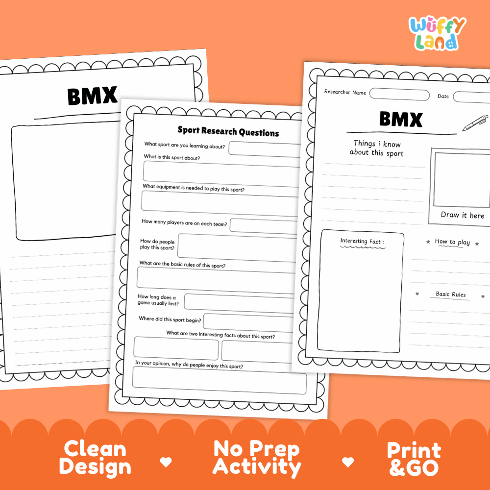 Three printable BMX sport research worksheet pages shown on an orange background with the text 'Clean Design', 'No Prep Activity', and 'Print & GO'. The worksheets feature black text and outlines on white paper with decorative scalloped borders.