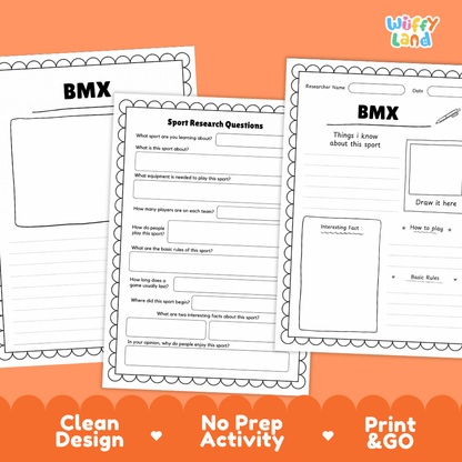 Three printable BMX sport research worksheet pages shown on an orange background with the text 'Clean Design', 'No Prep Activity', and 'Print & GO'. The worksheets feature black text and outlines on white paper with decorative scalloped borders.