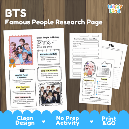 BTS biography research worksheets pack featuring graphic organizers, timeline activity, and student writing template