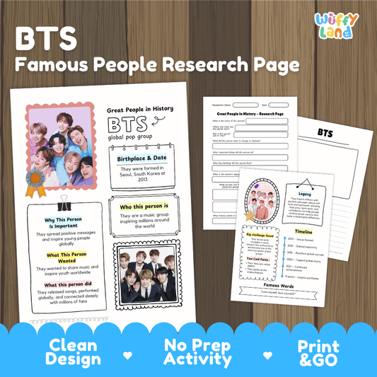 BTS biography research worksheets pack featuring graphic organizers, timeline activity, and student writing template