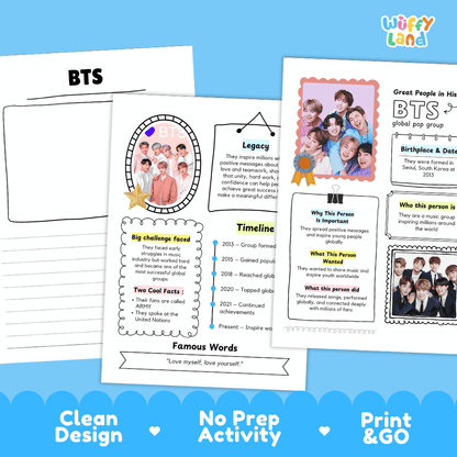 Great People in History student fact profile card detailing BTS's formation in Seoul, music career, and global achievements