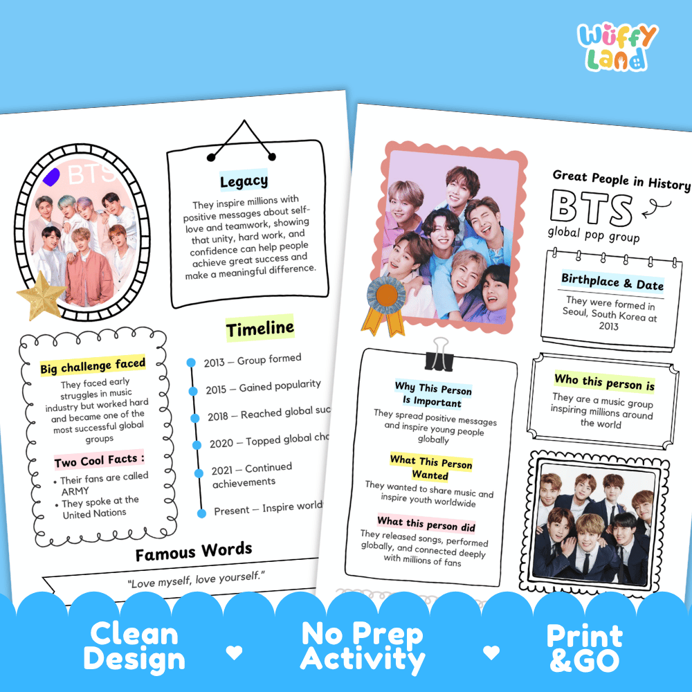 Educational biography summary worksheet featuring a chronological timeline, famous quote, and lined student writing page
