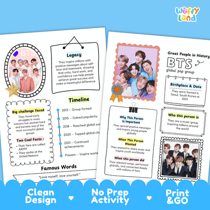 Educational biography summary worksheet featuring a chronological timeline, famous quote, and lined student writing page