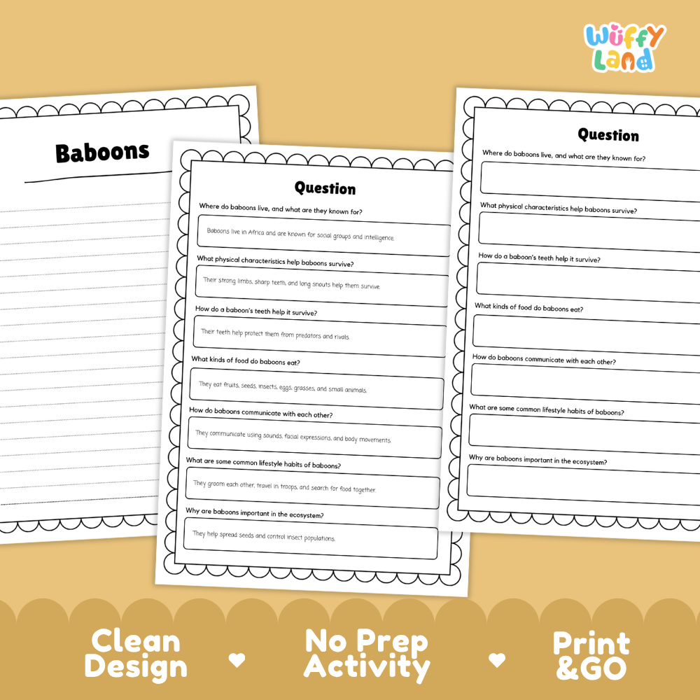 Baboon Reading Passage and Comprehension Questions with Answer Key Worksheets