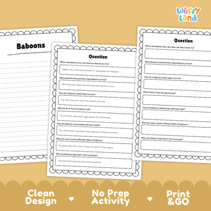 Baboon Reading Passage and Comprehension Questions with Answer Key Worksheets