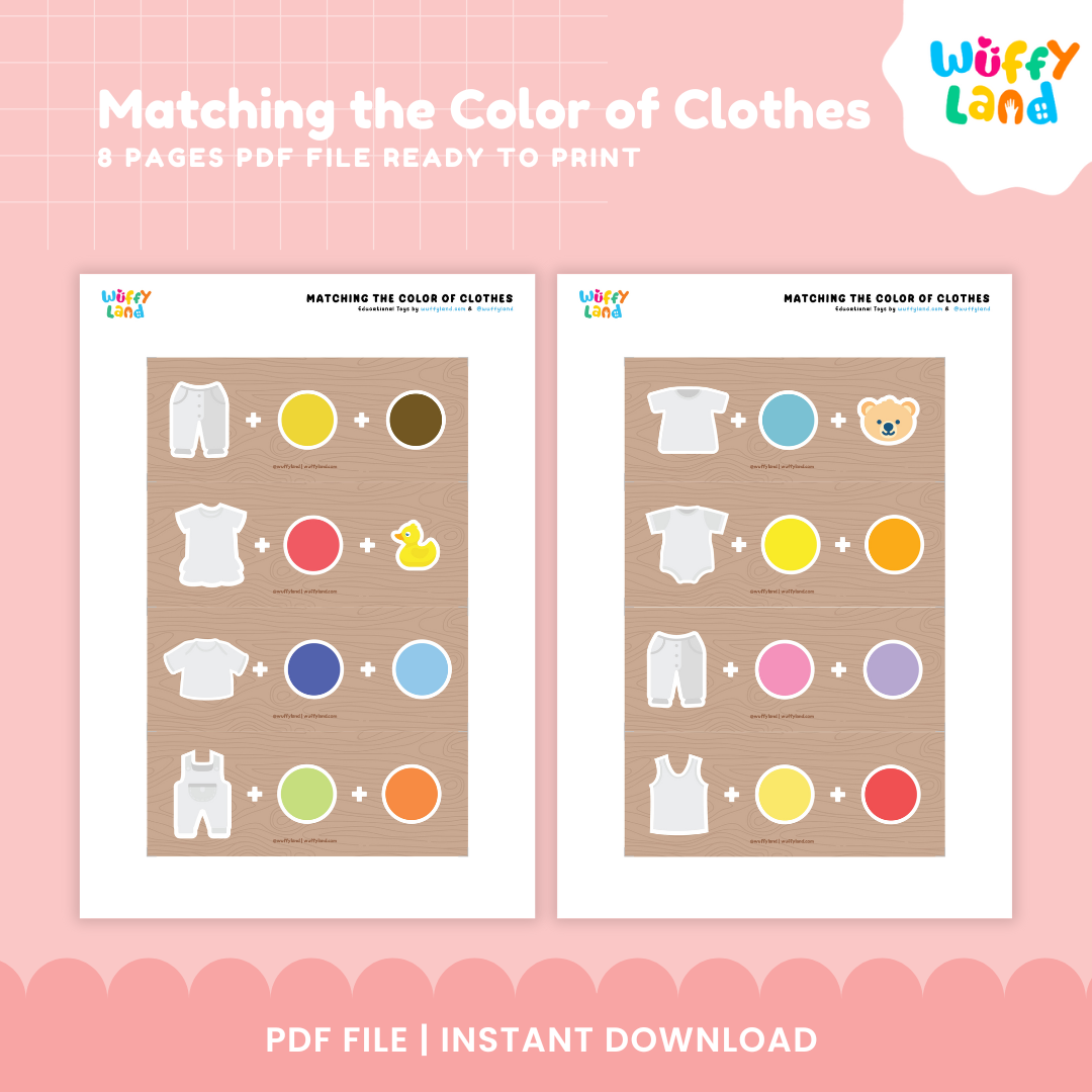 Educational matching cards displaying pink bunny shirts, green and orange overalls, and blue whale tees 👚🐳