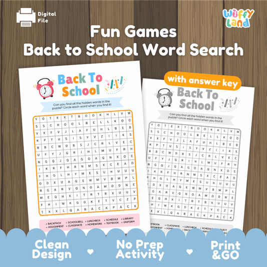 Back to school word search printable classroom vocabulary puzzle activity pack overview from Wuffy Land featuring color and black white versions with answer key 🎒🔔