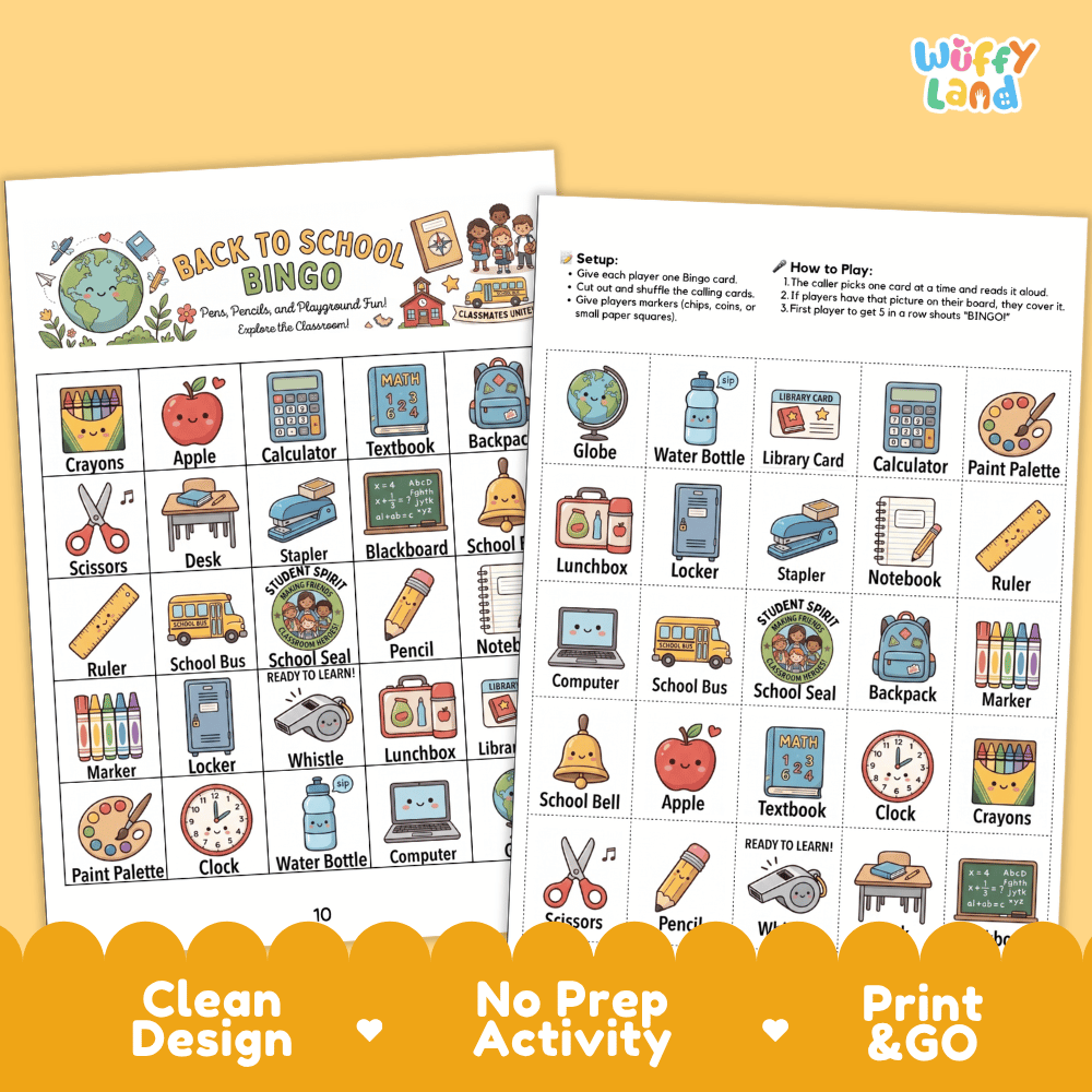 Back to School Bingo Games Printable Activity