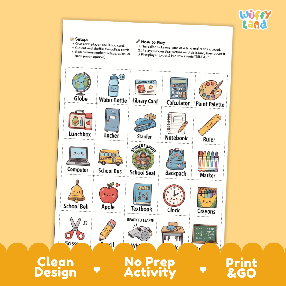 Back to School Bingo Games Printable Activity