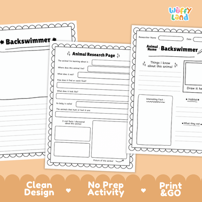 Backswimmer Animal Research Page and Worksheets