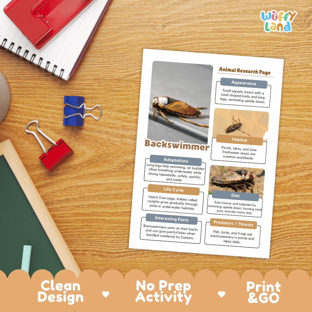 Backswimmer Animal Research Page and Worksheets