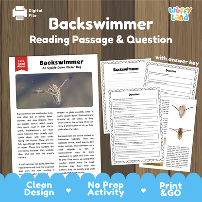 Backswimmer Reading Passage and Comprehension Questions with Answer Key