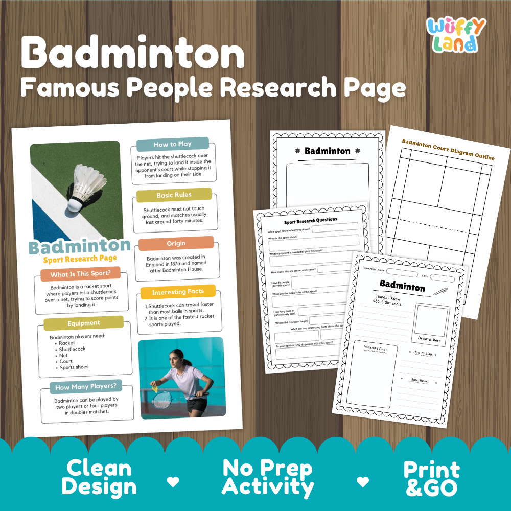 A product listing graphic for a 'Badminton Famous People Research Page' activity sheet by Wiffy Land, showing sample printed pages laid out on a wood background with promotional text at the bottom.