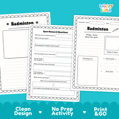 Badminton Sport Research Project Worksheets and Fact Sheet