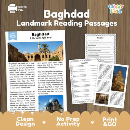 Baghdad landmark reading passage and comprehension worksheet educational unit featuring nonfiction text and authentic Iraqi turquoise dome architecture photography