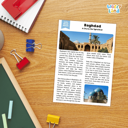 Lined reading comprehension question worksheet covering main ideas vocabulary terms and landmark facts about Baghdad Iraq
