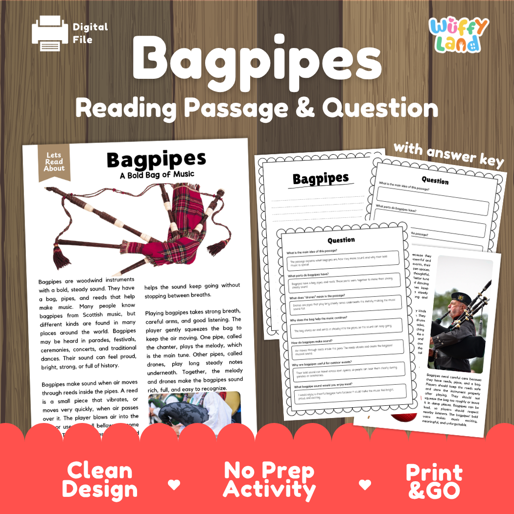 Bagpipes reading comprehension passage and questions printable activity pack with answer key for elementary students