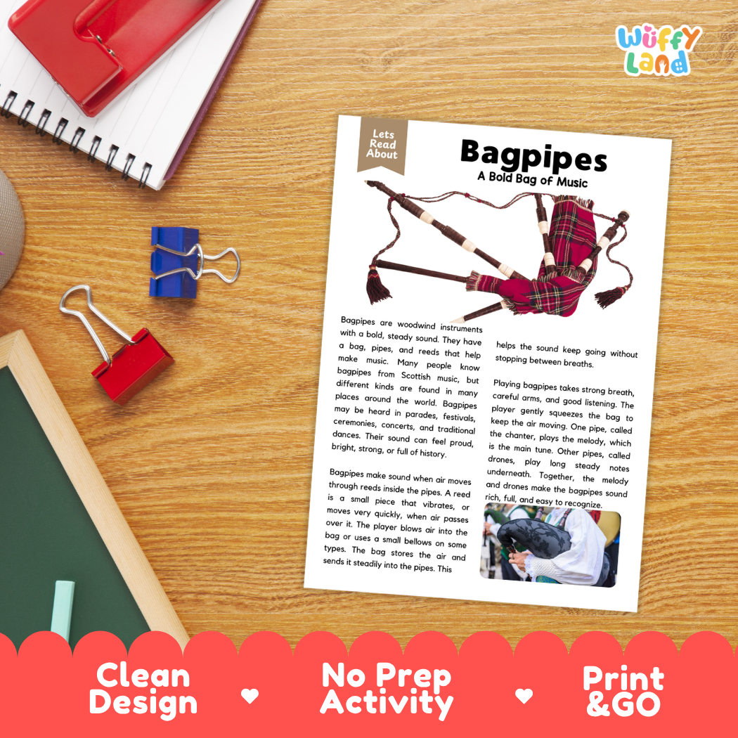 Student reading comprehension worksheet with short-answer questions and lined sections about the bagpipes instrument