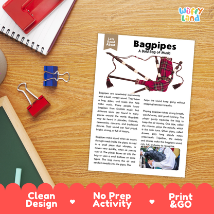 Student reading comprehension worksheet with short-answer questions and lined sections about the bagpipes instrument