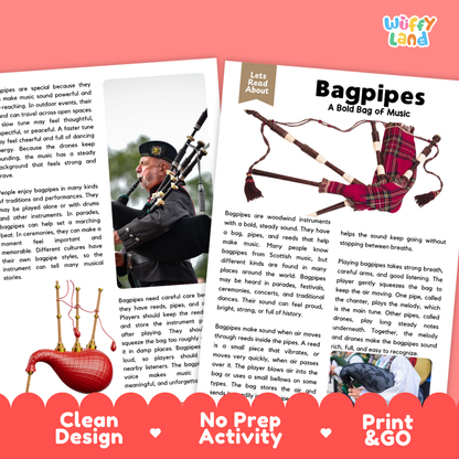 Teacher answer key page showing complete question solutions for Bagpipes music education reading comprehension practice