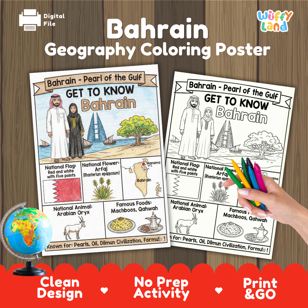 Get to know Bahrain coloring poster paired with photo flashcards of Bahrain World Trade Center, Henna art, Machboos, and Amwaj Islands