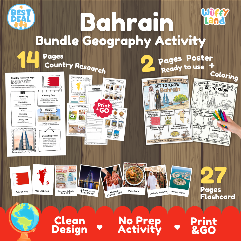 Bahrain geography activity bundle cover showing 14 country research pages, 2 ready to use coloring posters, and 27 photo flashcards