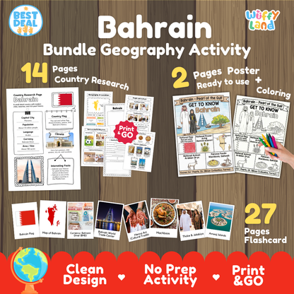 Bahrain geography activity bundle cover showing 14 country research pages, 2 ready to use coloring posters, and 27 photo flashcards