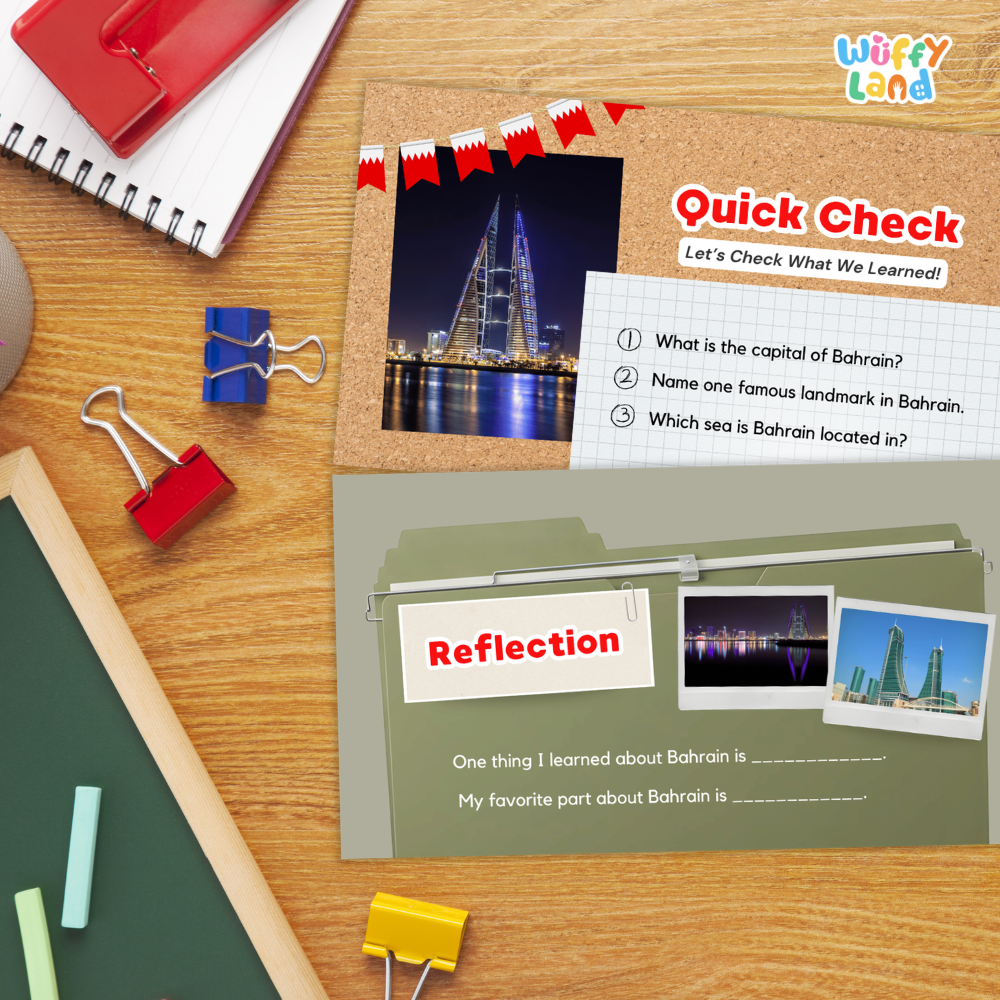 An educational worksheet set about Bahrain displayed on a wooden desk with school supplies. The set includes a brown corkboard-style page titled 'Quick Check' with a photo of the Bahraini Tower and a white answer sheet, and a larger olive-green reflection page titled 'Reflection' with writing prompts and small photos.