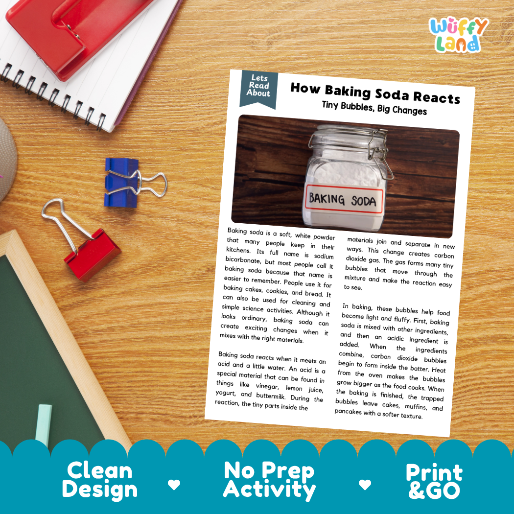 Printable student worksheet with short-answer reading comprehension questions covering baking soda and chemical reactions