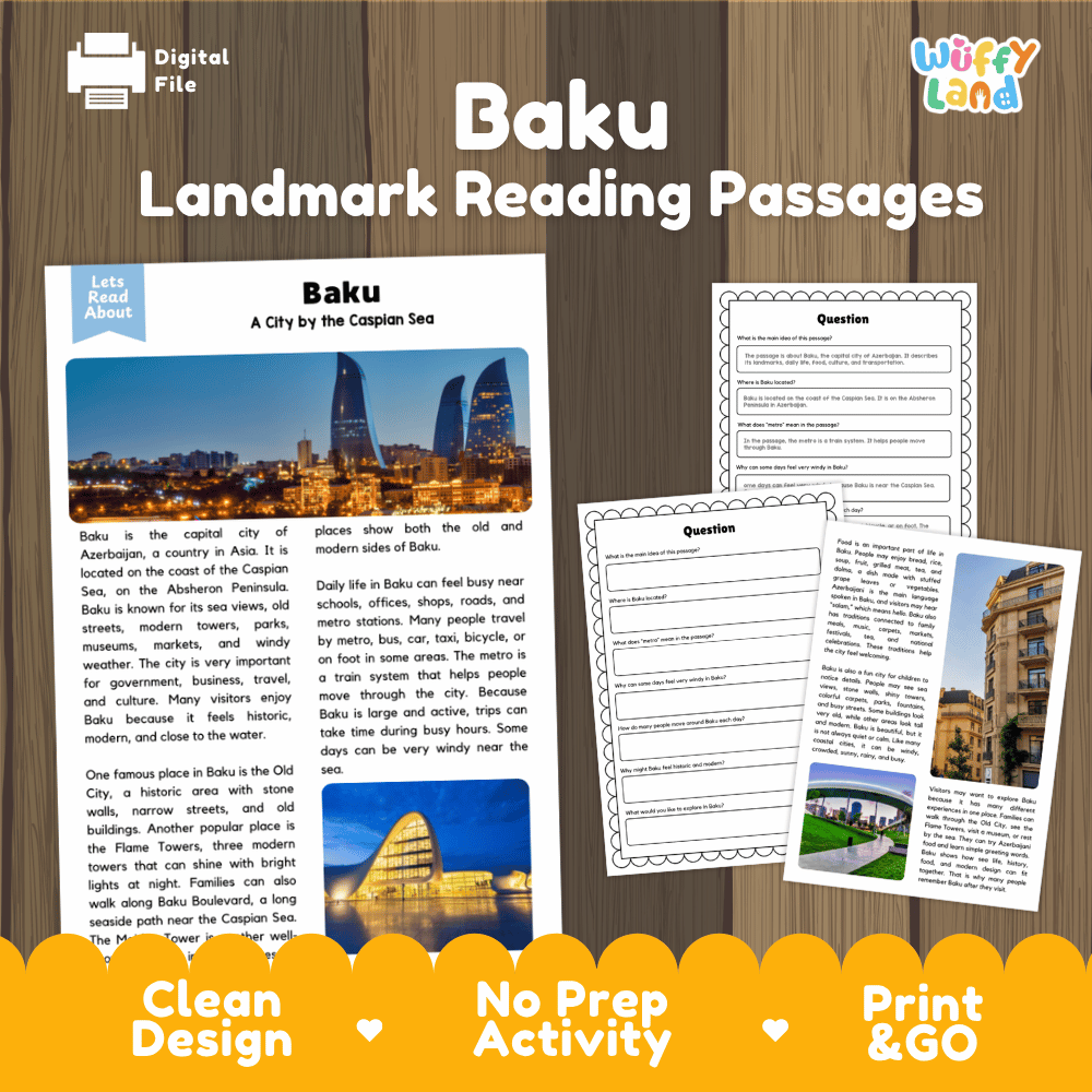 Baku landmark reading passage and comprehension worksheet educational unit featuring nonfiction text and authentic Flame Towers Baku Azerbaijan coastline photography