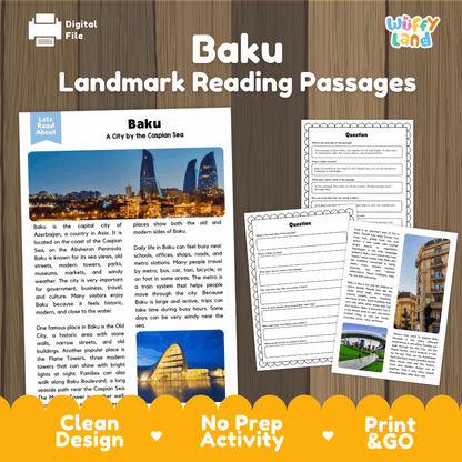 Baku landmark reading passage and comprehension worksheet educational unit featuring nonfiction text and authentic Flame Towers Baku Azerbaijan coastline photography
