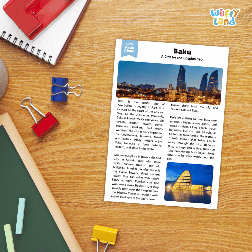 Lined reading comprehension question worksheet covering main ideas vocabulary terms and landmark facts about Baku Azerbaijan