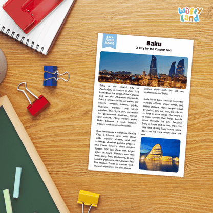Lined reading comprehension question worksheet covering main ideas vocabulary terms and landmark facts about Baku Azerbaijan