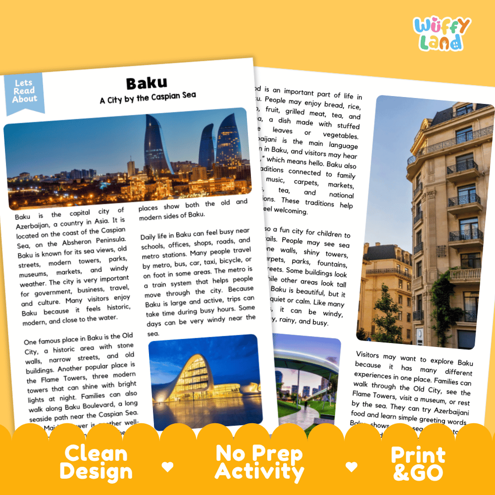 Reference sheet and answer key for Baku landmark reading passage displaying completed comprehension answers and Caspian Sea geography facts