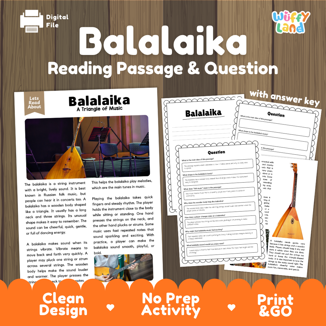 Balalaika reading comprehension passage and questions printable activity pack with answer key for elementary students