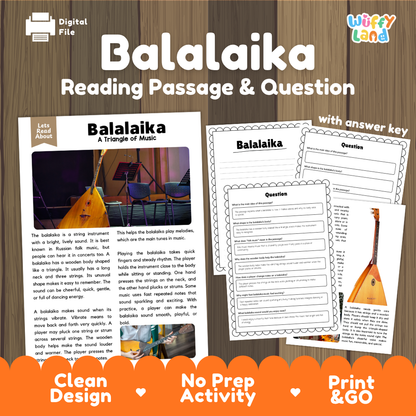 Balalaika reading comprehension passage and questions printable activity pack with answer key for elementary students