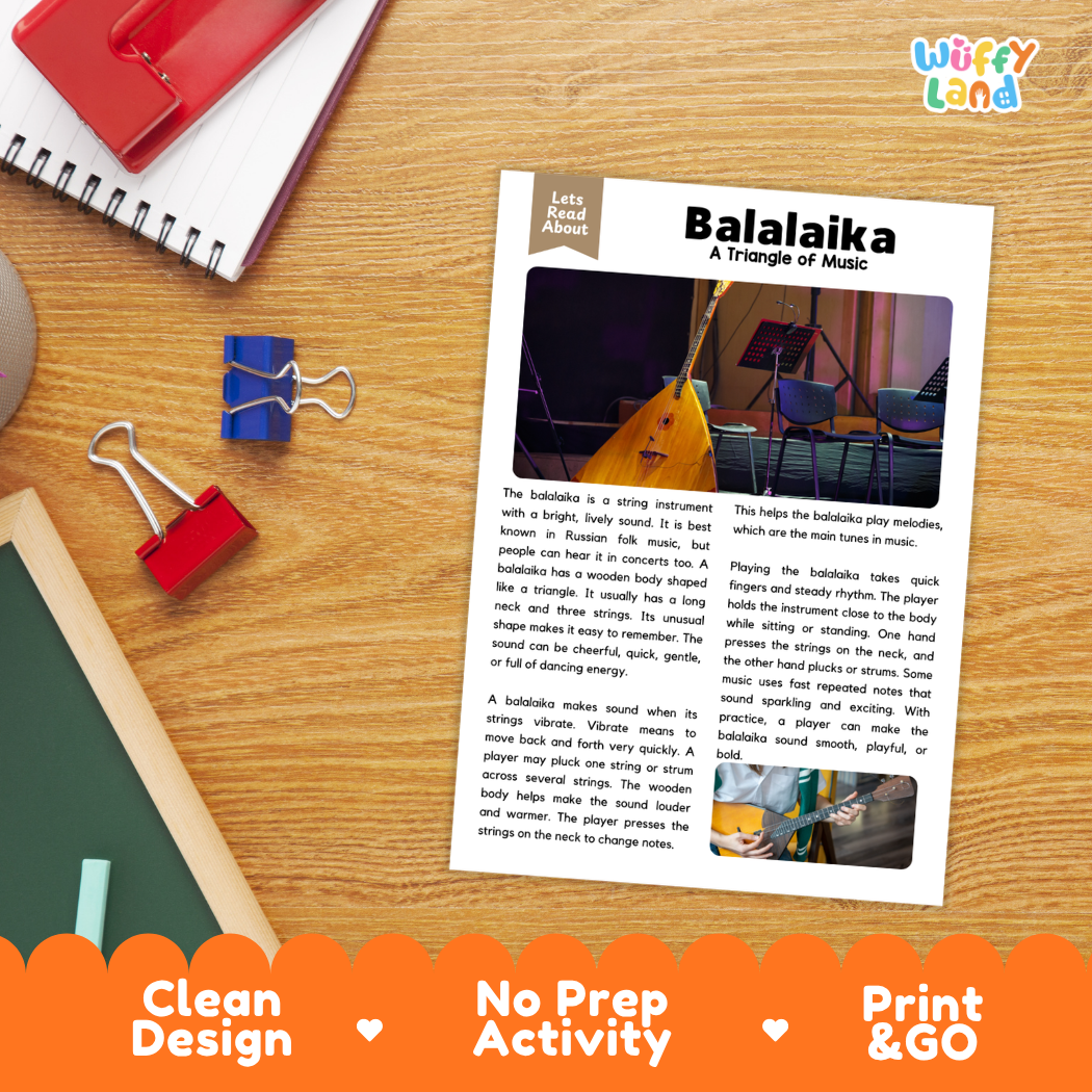 Student reading comprehension worksheet with short-answer questions and lined sections about the balalaika instrument