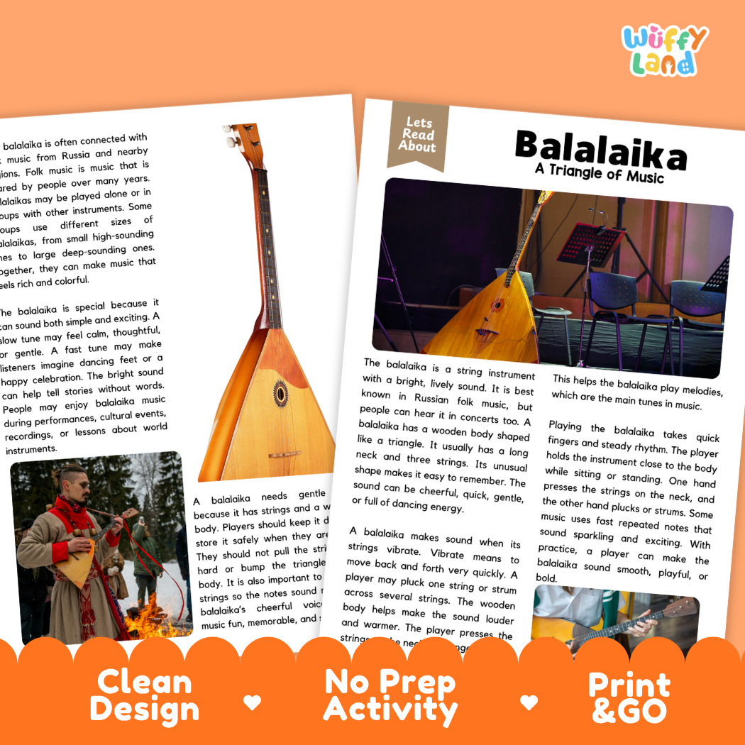 Teacher answer key page showing complete question solutions for Balalaika music education reading comprehension practice