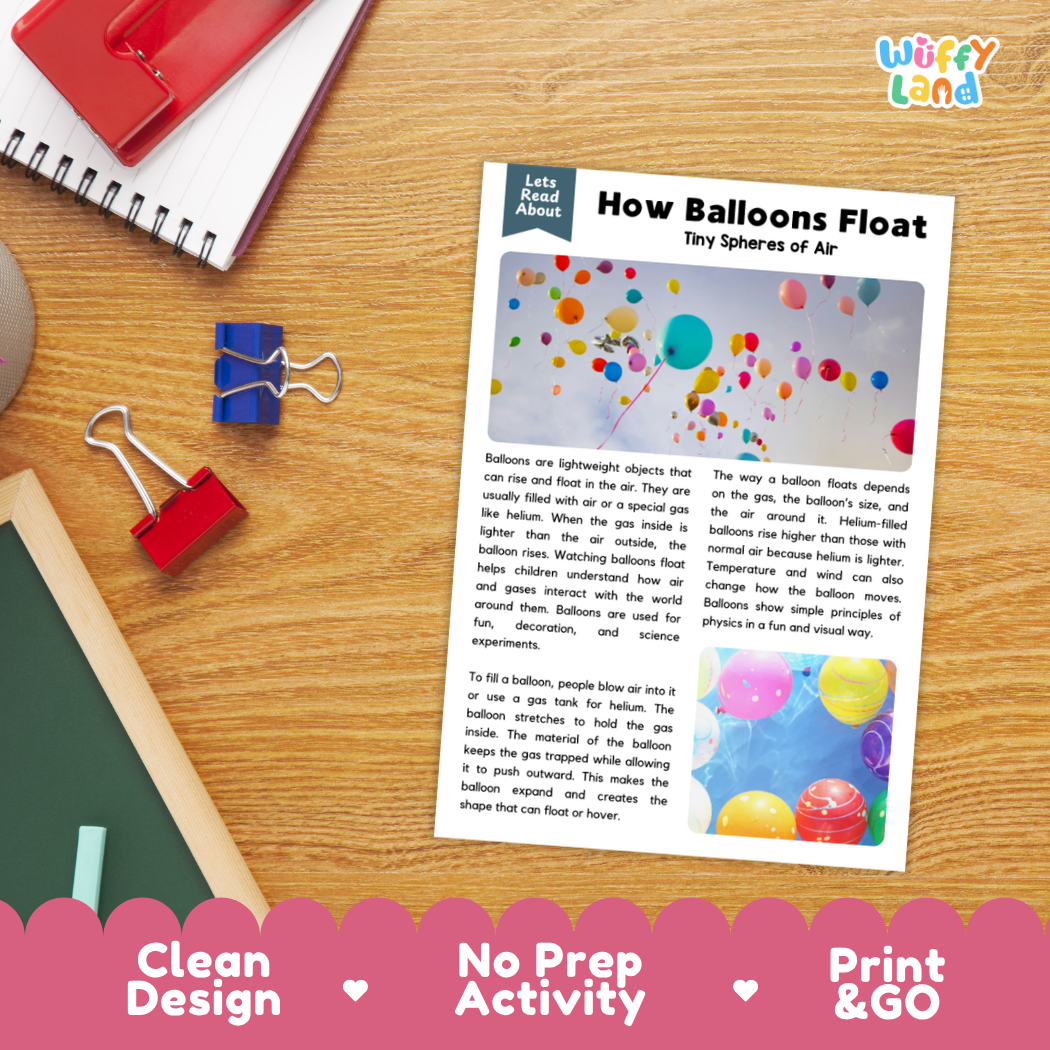 Printable student worksheet with short-answer reading comprehension questions covering balloons and physics