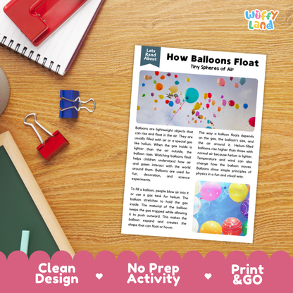 Printable student worksheet with short-answer reading comprehension questions covering balloons and physics