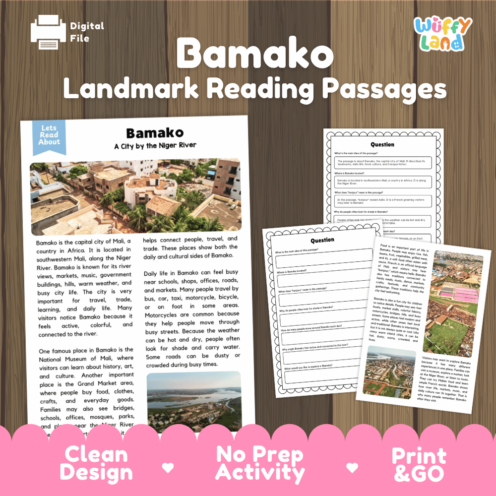Bamako landmark reading passage and comprehension worksheet educational unit featuring nonfiction text and authentic Malian city and river photography