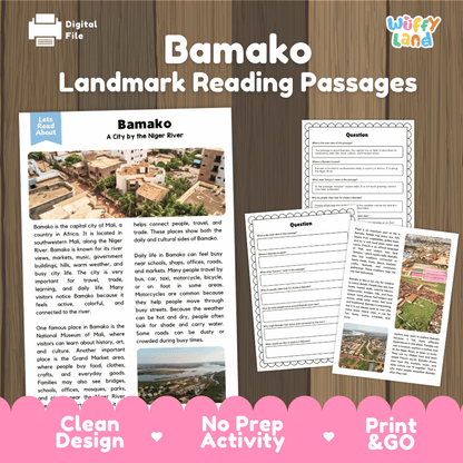 Bamako landmark reading passage and comprehension worksheet educational unit featuring nonfiction text and authentic Malian city and river photography